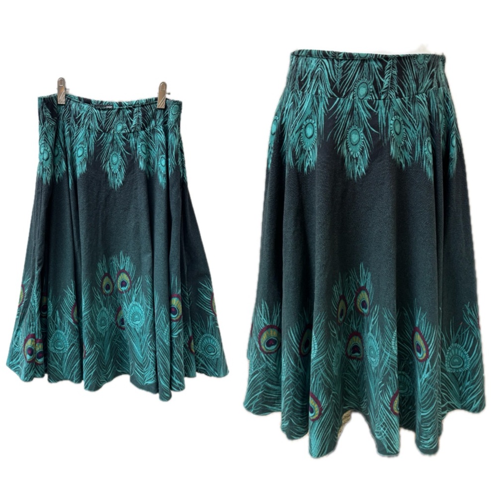 H&M peacock feather flare midi skirt size 6 turquoise green bohemian boho hippie